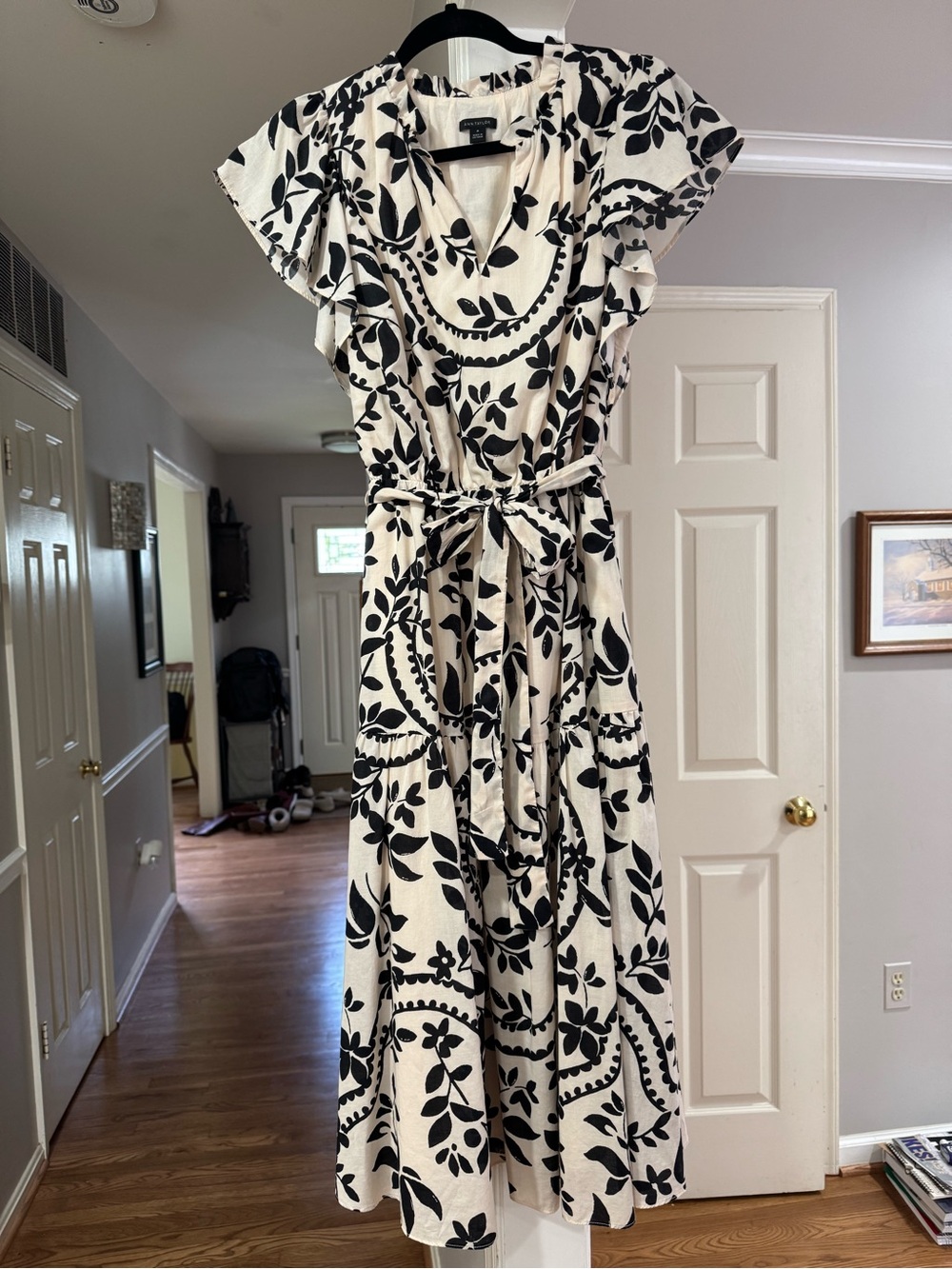Ann Taylor Cream Midi Dress with Black Botanical Print